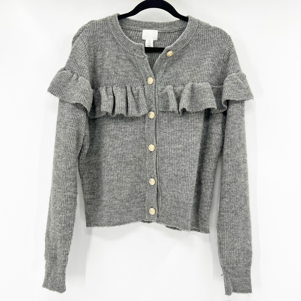 H&M‎ Grey Ruffle Front Cardigan Sweater Women Size M Button Up Knit